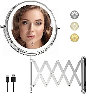 Rechargeable Wall Mounted Makeup Mirror - 8 Inch Double Sided 1X/10X Magnifying Mirror with 3 Color Lights Dimmable Touch Screen, 360°Swivel 19.6 Inch Extendable Accordion Bathroom Mirror - Chrome