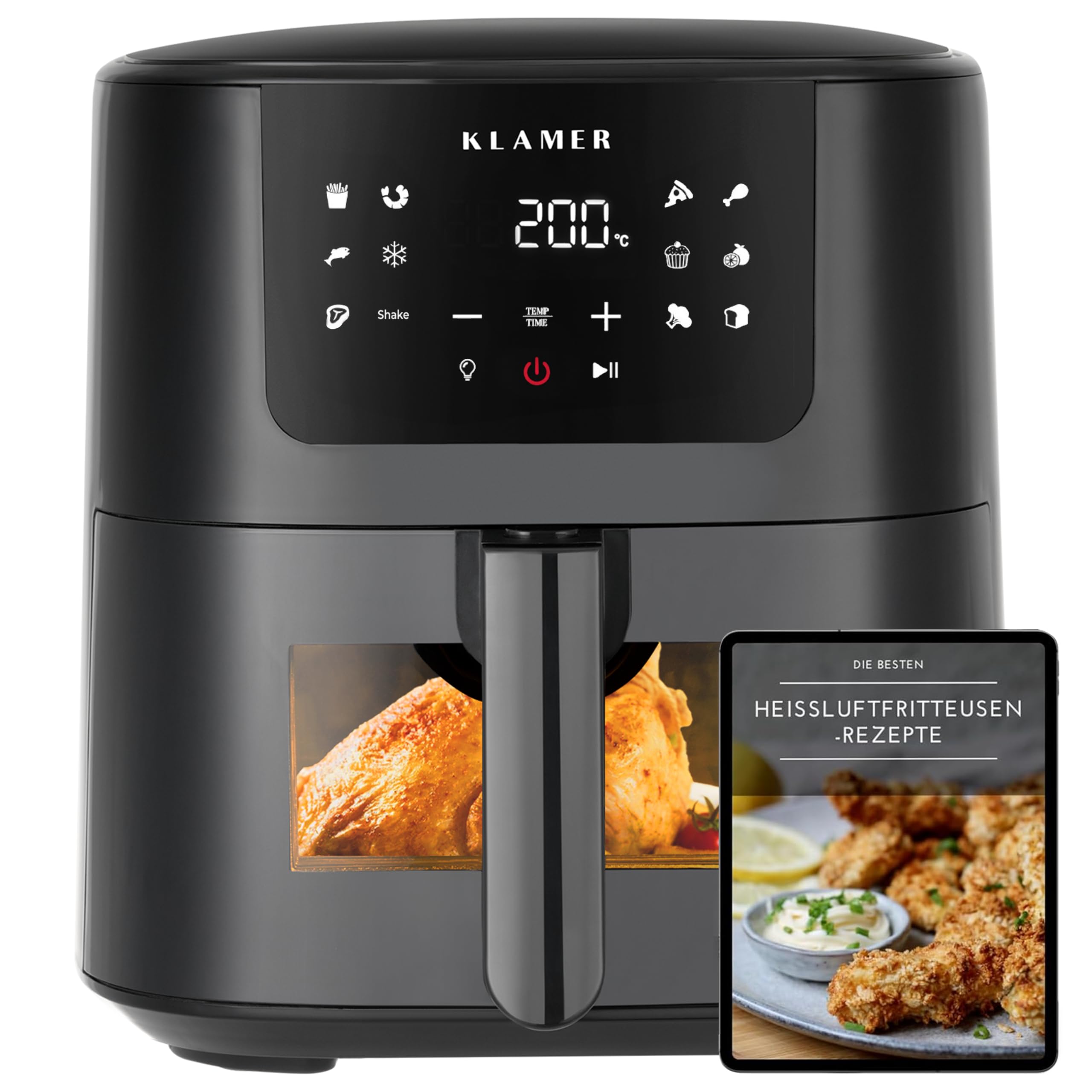 KLAMER Heißluftfritteuse 5 L XL mit Sichtfenster, für bis zu 5 Personen | Airfryer mit 10 Programmen, Schüttel-Erinnerung und digitalem deutschen Rezeptbuch, bereitet Gerichte mit weniger Fett zu