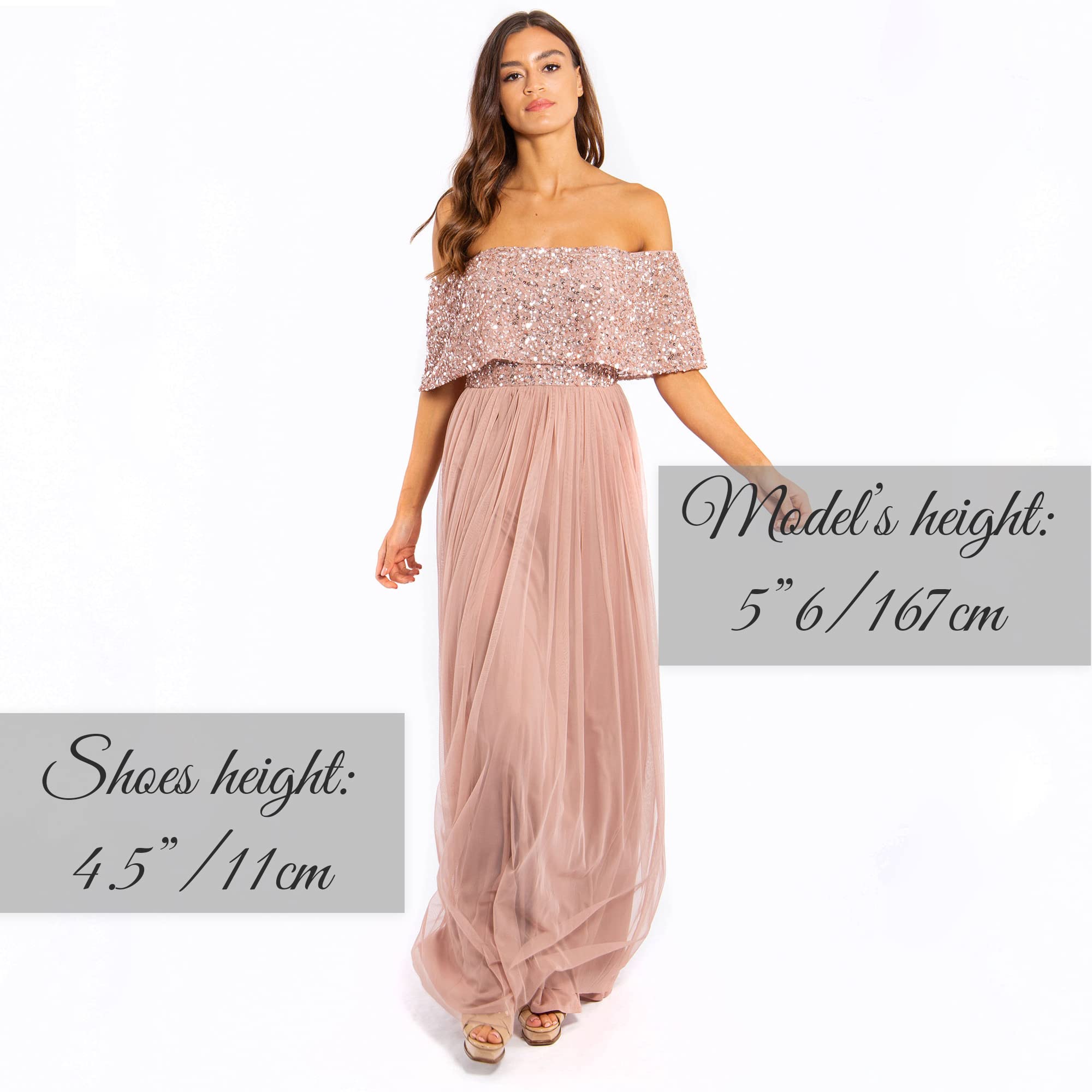 Maya Deluxe Miękka szara sukienka bardot Embellished Maxi dla druhny, kobiety