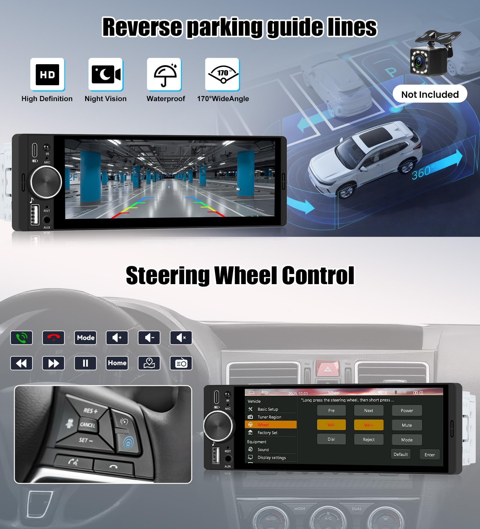 CAMECHO [CARPLAY] 1-DIN radio samochodowe z bezprzewodowym CarPlay i Android Auto ekranem IPS 6,28 cala dotykowym radio do samochodu 1 DIN z Bluetooth łączeniem lustrzanym FM EQ MP5