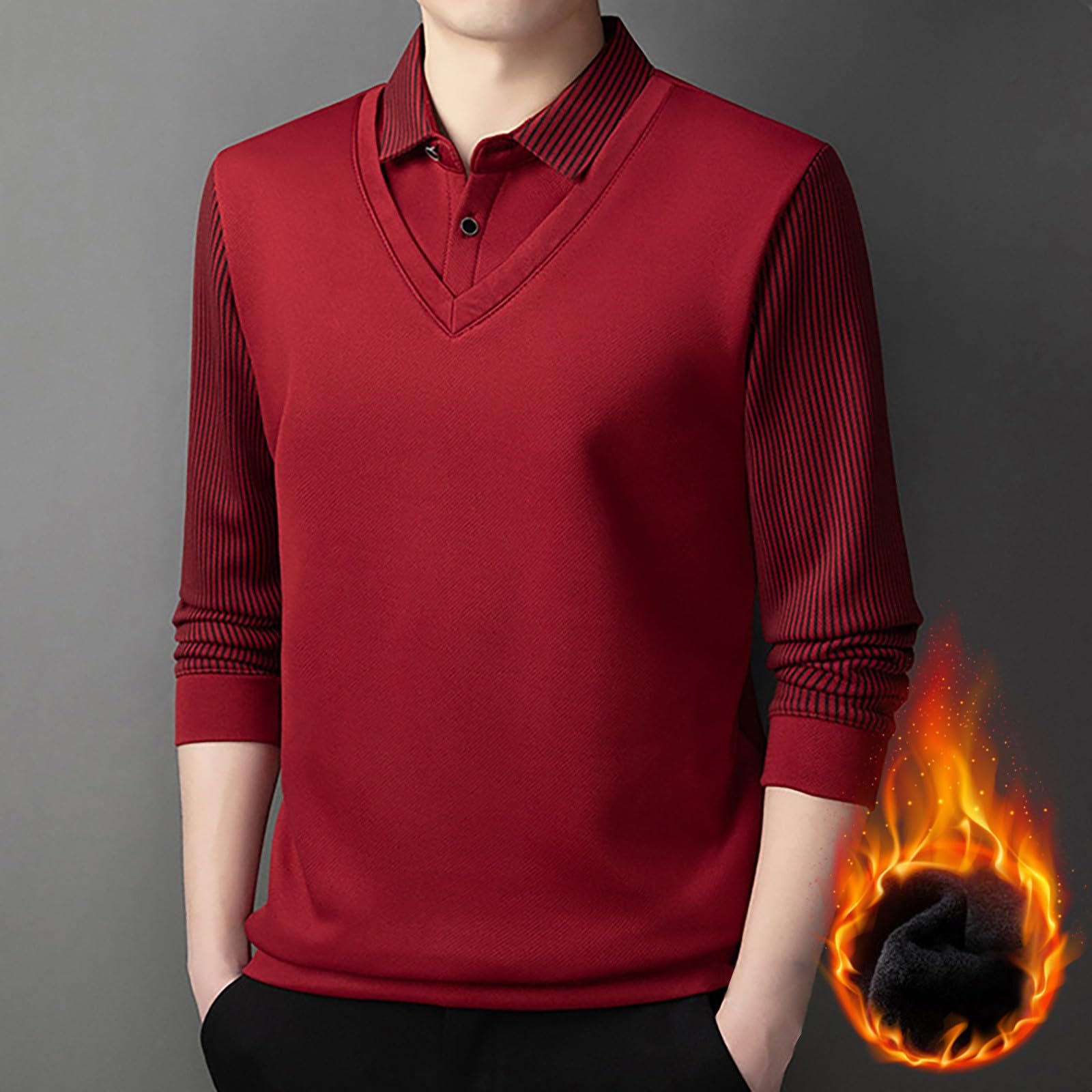 Camiseta de manga larga de dos piezas con cuello grueso a para hombre, camiseta informal holgada de negocios, camiseta de comercio exterior a la moda