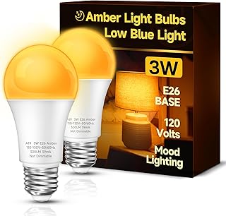 UNILAMP Sleep aid Light Bulb, 3W Amber Light Bulbs, 1800K Warm Light Bulbs, Blue Light Blocking Dim Light Bulbs, E26 A19 Mood Soothing Light for Bedroom and Baby Nursery Light, 2 Pack