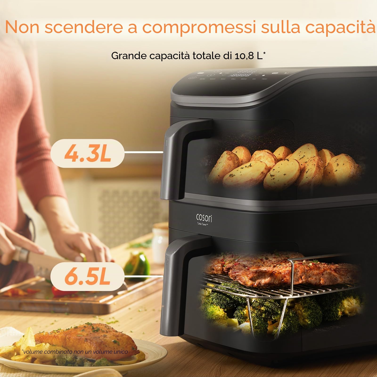 COSORI Air Fryer Turbo Tower 10,8 L, friggitrice senza olio a 2 cassetti, 3 livelli di cottura, 6 in 1, design compatto e impilabile, 41 per cento meno grande rispetto ai tradizionali doppi airfryer
