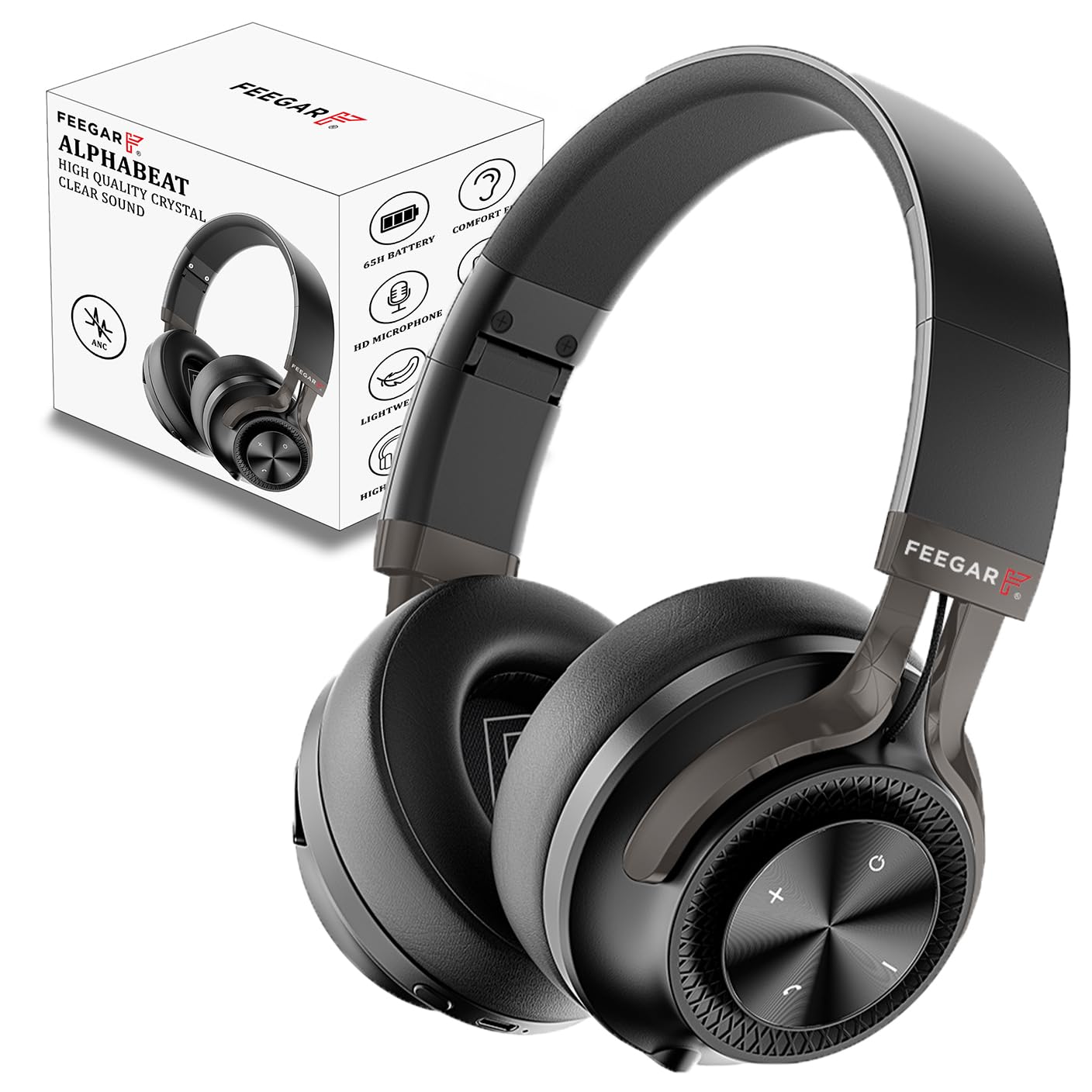 Feegar Bluetooth-Kopfhörer über Ohr, 65 Stunden Spielzeit und ANC, BT 5.4 kabellose Kopfhörer mit Mikrofon, HiFi-Stereo, faltbares leichtes Headset, tiefer Bass für Zuhause, Büro, Handy, PC (Schwarz)
