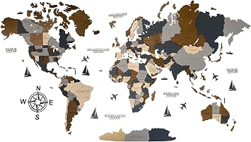 WoodLeo Wooden World Map (German) - 3D Art Large Wall Decor - Map Size (M L XL) Any Occasion Gift Idea - Wall Art for Home Kitchen or Office (SKY M (120 x 62 cm))