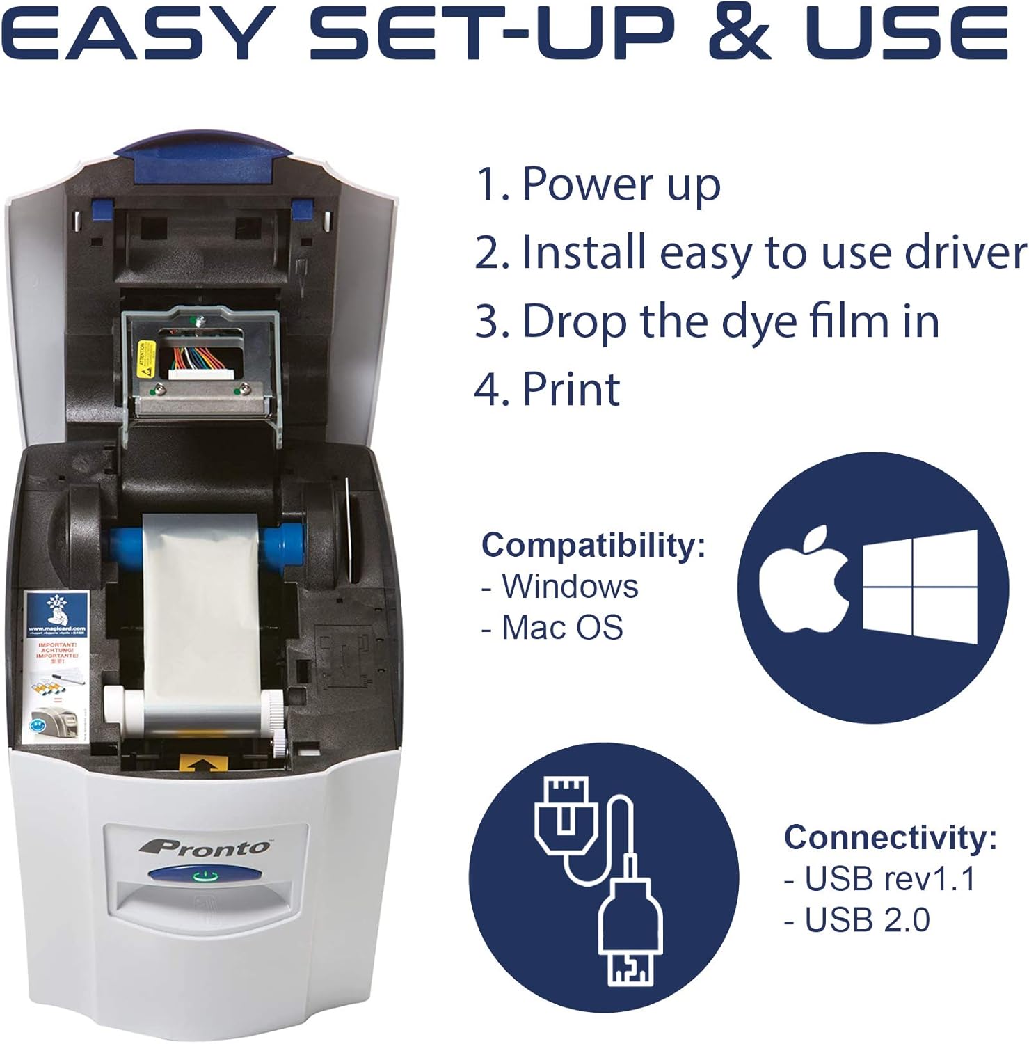 Diagram showing easy setup steps: Power up, Install driver, Drop in dye film, Print. Also shows compatibility with Windows and Mac OS, and USB 1.1/2.0 connectivity.