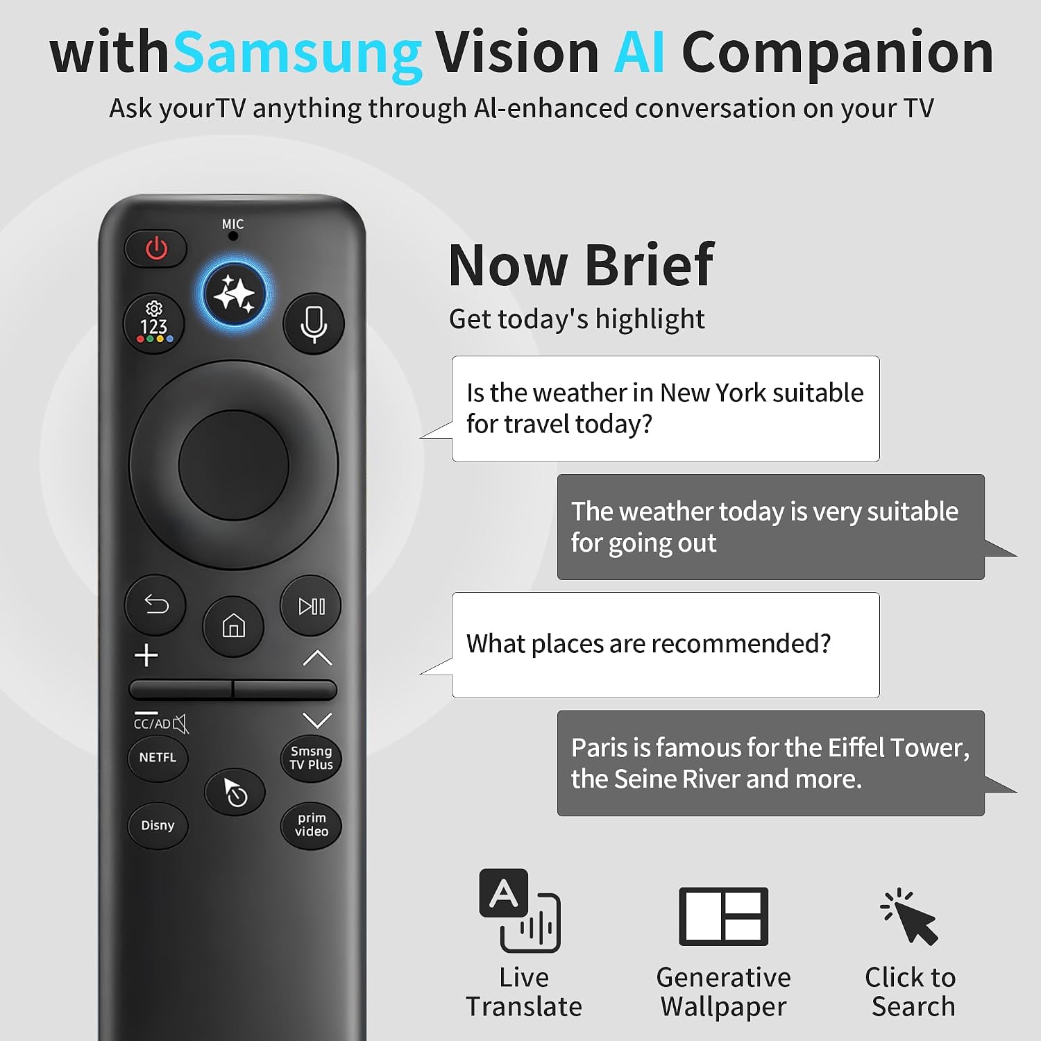 Solar Remote Replacement for Samsung Smart TV, Voice & AI Smart Control with Pointer Function, 4 Shortcut Buttons, USB-C Rechargeable, Works with Neo QLED, QLED, Frame & Crystal UHD TVs