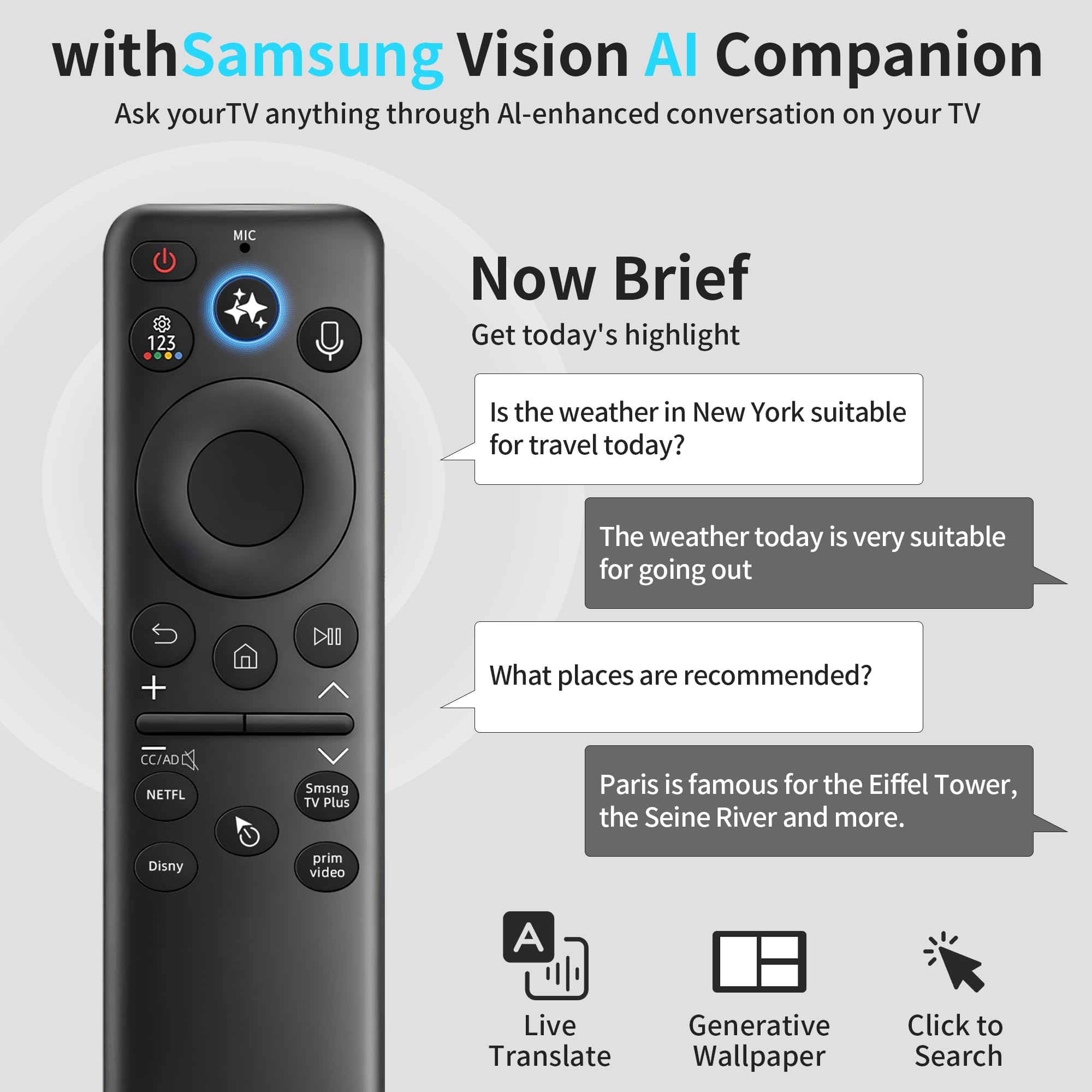 Télécommande solaire de rechange pour Smart TV Samsung, contrôle vocal et IA intelligent avec fonction pointeur, 4 boutons de raccourci, rechargeable USB-C, fonctionne avec les téléviseurs Neo QLED