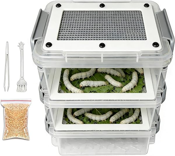 Mealworm Breeding Kit, Rearing System, 3 Layer Ventilated Bin with Stackable Trays, Easy Clean Corn Worm Habitat Box for Reptile Feeders Farming Education, Space Saving Setup for Pet Feeding - 1