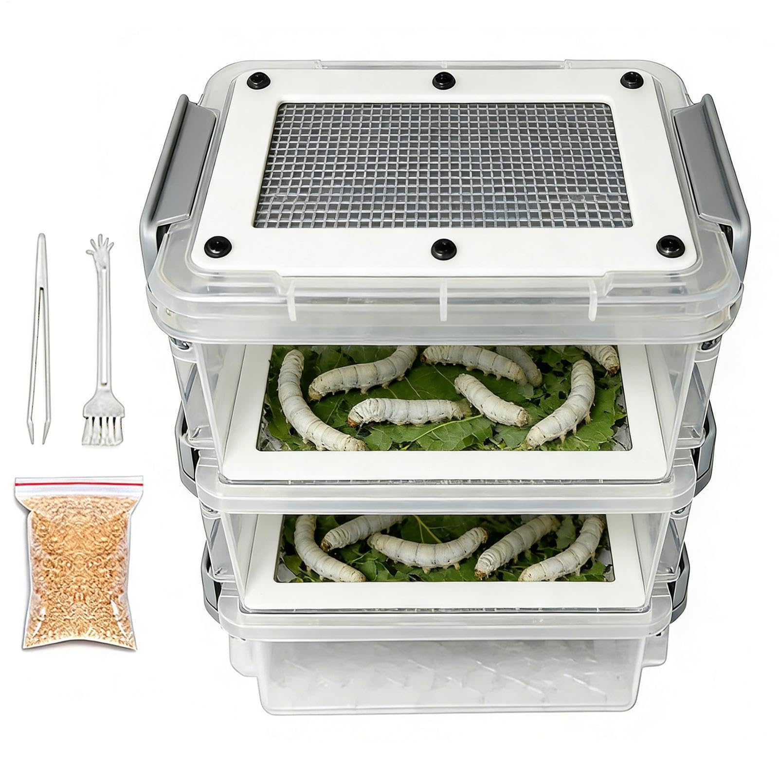 Mealworm Breeding Kit, Rearing System, 3 Layer Ventilated Bin with Stackable Trays, Easy Clean Corn Worm Habitat Box for Reptile Feeders Farming Education, Space Saving Setup for Pet Feeding