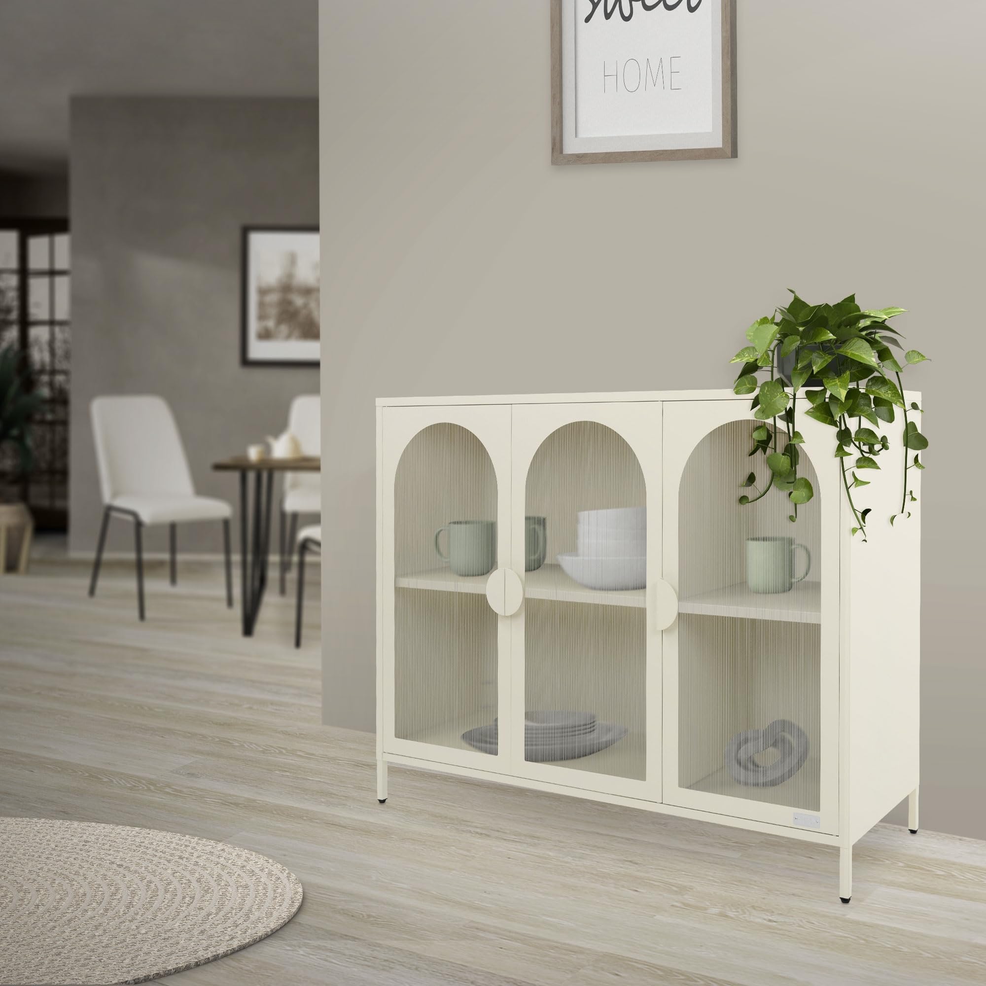 ML-Design Vitrinenschrank 120x93x40 cm aus Stahl, Creme, Sideboard mit 4 Ablage-/Regalfächer & 3 Türen, Metall Kommode mit verstellbaren Füßen, Vitrine, Highboard, Aufbewahrungsschrank für Wohnzimmer