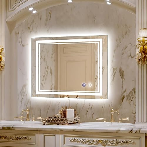 Vista 27 de SaniteModar Espejo de baño con luces de 32 x 24 pulgadas, espejo LED para baño, espejo de baño LED, 3 colores regulables, antiniebla, botón táctil