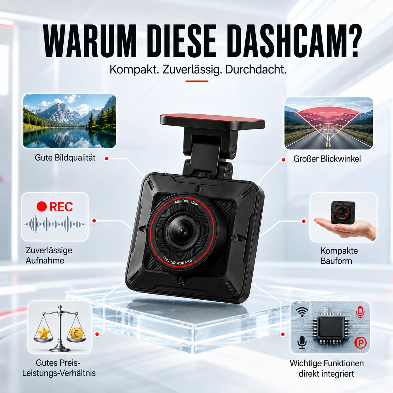Dashcam Auto Full HD 1080p 30fps – WLAN Autokamera mit G-Sensor, Loop-Aufnahme, 120° Weitwinkel – Mini Dashcam für Auto mit App Steuerung & Nachtsicht – Schwarz