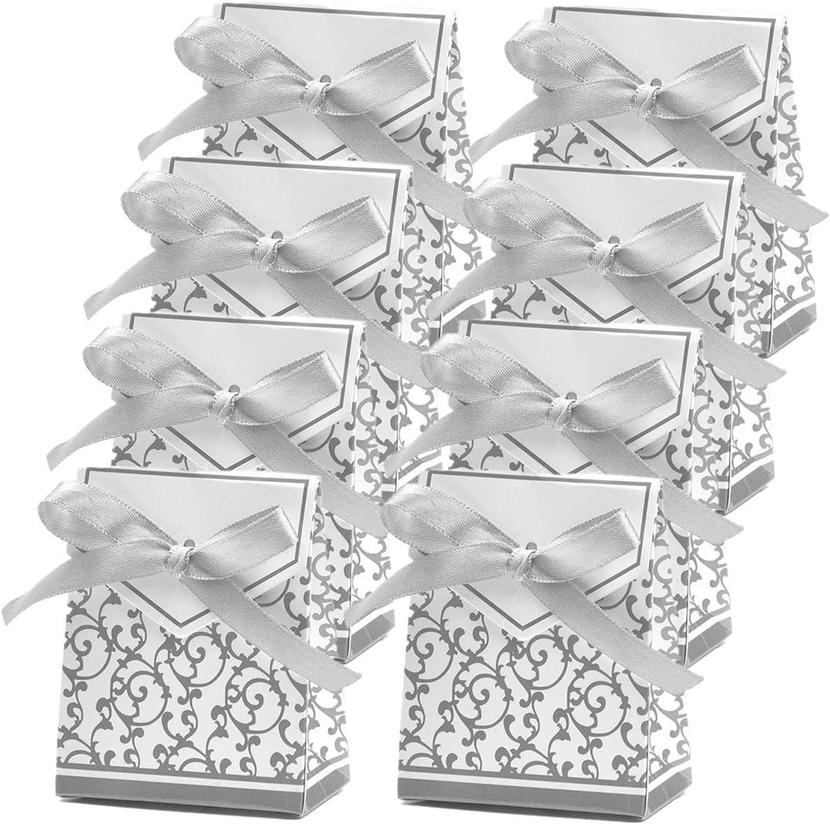 100 Pack Party Favor Boxes, Silver Decorative Boxes with Ribbons, for Small Party Gift, Chocolate, Wedding Cake Slices