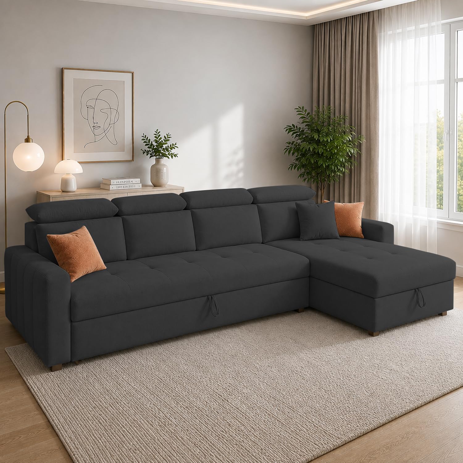 Amber RHS 6 Seater L Shape Sofa Cum Bed with Storage for Living Room (Black Fabric) Premium Fabric Sofa Set-image-33