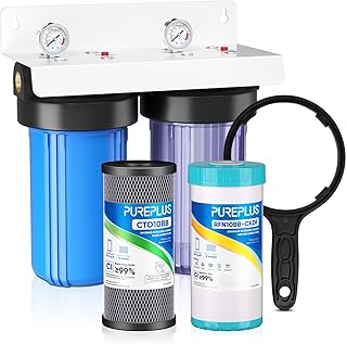 PUREPLUS 2-Stage Whole House Water Filtration System, Reduces Heavy Metals, Chlorine & Odor, 10" x 4.5" Housings, 1" Inlet/Outlet, RFN KDF Carbon & CTO Coconut Shell Filters, Pressure Gauges Included