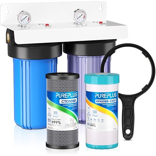 PUREPLUS 2-Stage Whole House Water Filtration System, Reduces Heavy Metals, Chlorine & Odor, 10" x 4.5" Housings, 1" Inlet/Outlet, RFN KDF Carbon & CTO Coconut Shell Filters, Pressure Gauges Included