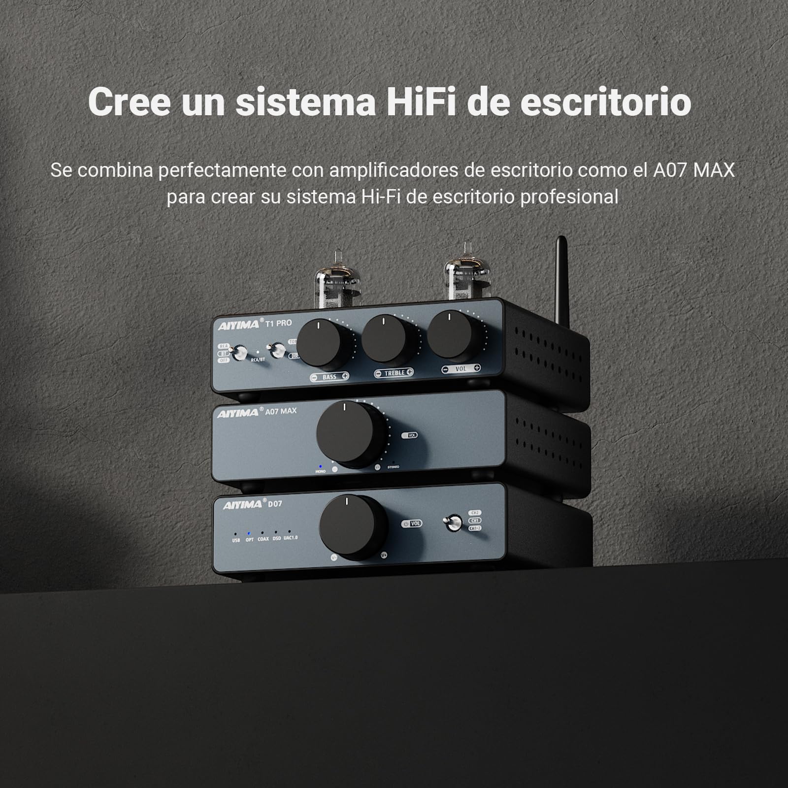 AIYIMA D07 convertidor Digital-analógico de sobremesa (DAC) con decodificador AK4493S para amplificadores estéreo y amplificadores de Auriculares; entradas óptica, coaxial y USB; Salida RCA;
