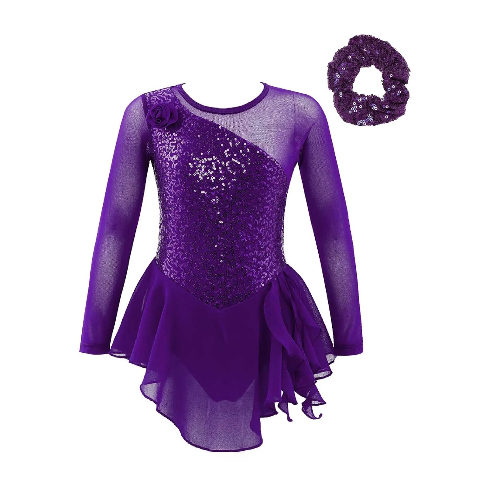 Medias Patinaje Artistico Niña Vestido de patinaje sobre hielo con figura Floral de lentejuelas for niñas, recortes en la espalda, mangas largas, leotardo de gimnasia de Ballet, traje de baile de saló