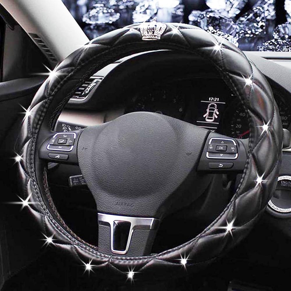 Magnalex Diamond Leather Steering Wheel Cover, Crystal Rhinestones, Universal 15 Inch, Car Protector For Women