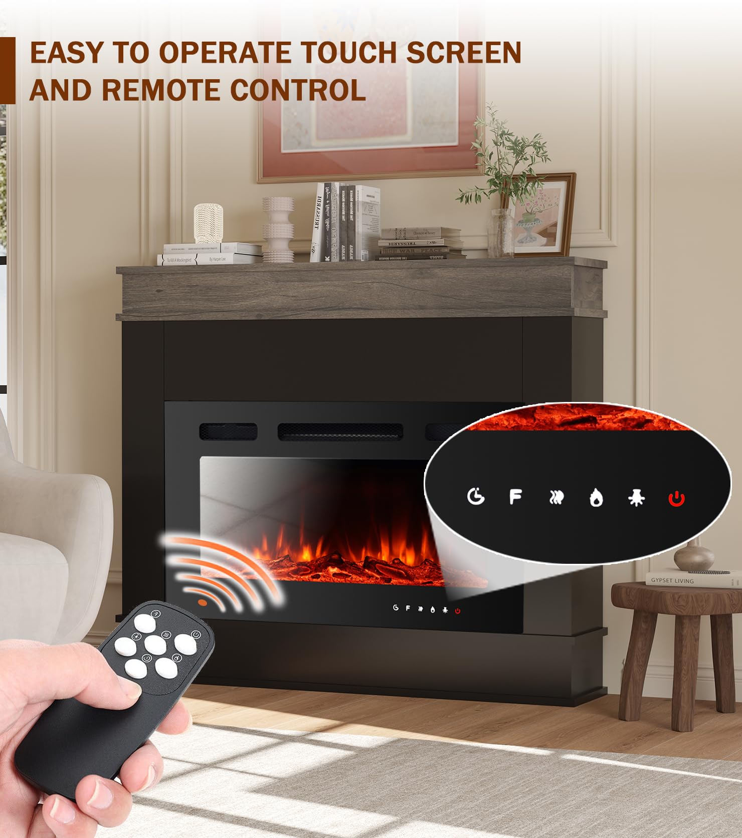 Maxhonor Electric Fireplace Inserts Freestanding Heater for The Living Room Floating Fireplace with 12 LED Colors with Logset and Stones,1500W/750W (30inch with Mantel,Black)