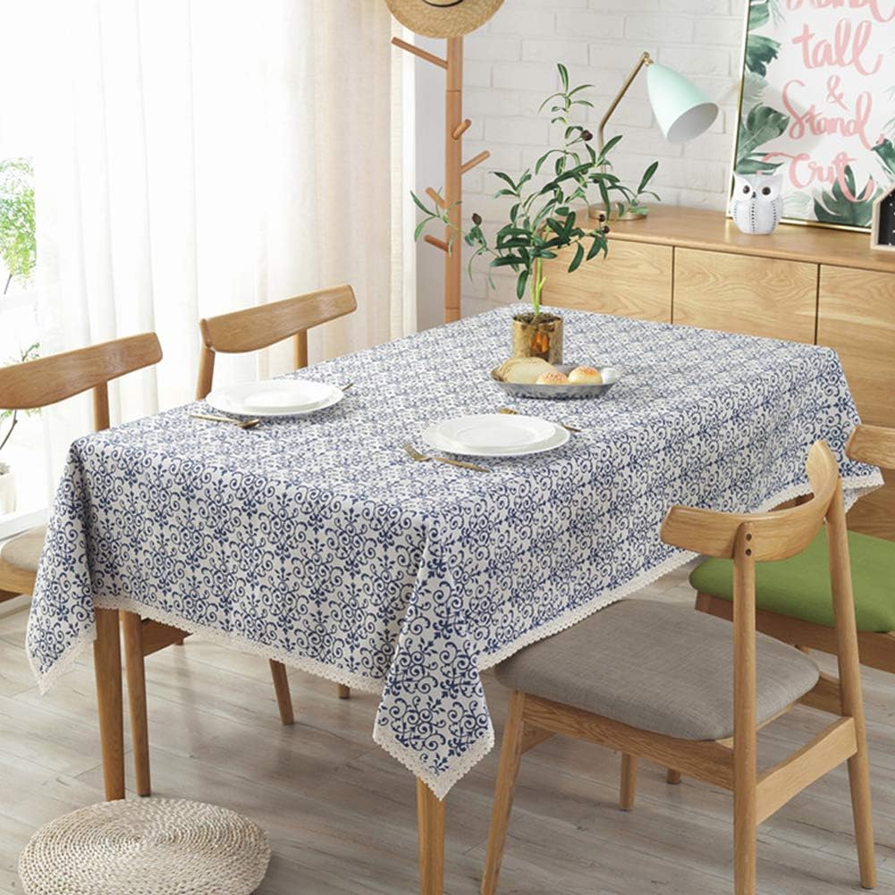 AMZALI Vintage Washable Cotton Linen Fabric Navy Damask Pattern Decorative Macrame Lace Rectangle Tablecloth Dinner Picnic Table Cloth Home Decorative Table Cover Assorted Size (55 Inch x 87 Inch)