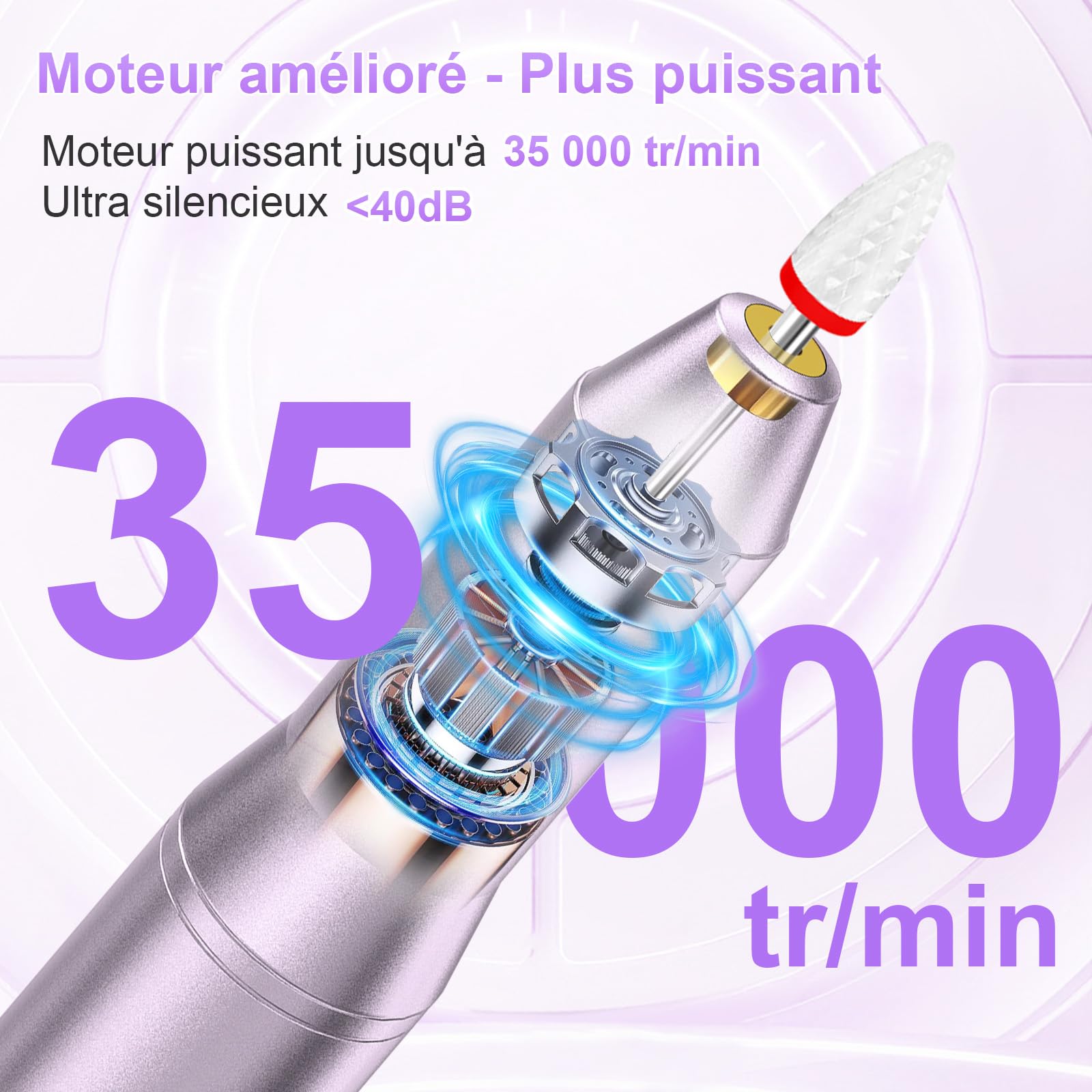 POFIBO Ponceuse pour Ongles Professionnel - 12 en 1 Lime a Ongle Electrique 35000RPM avec LCD écran Numérique, sans fil, 5 vitesses réglables - Kit de Manucure Pédicure Rechargeable Vitesse (Violet)