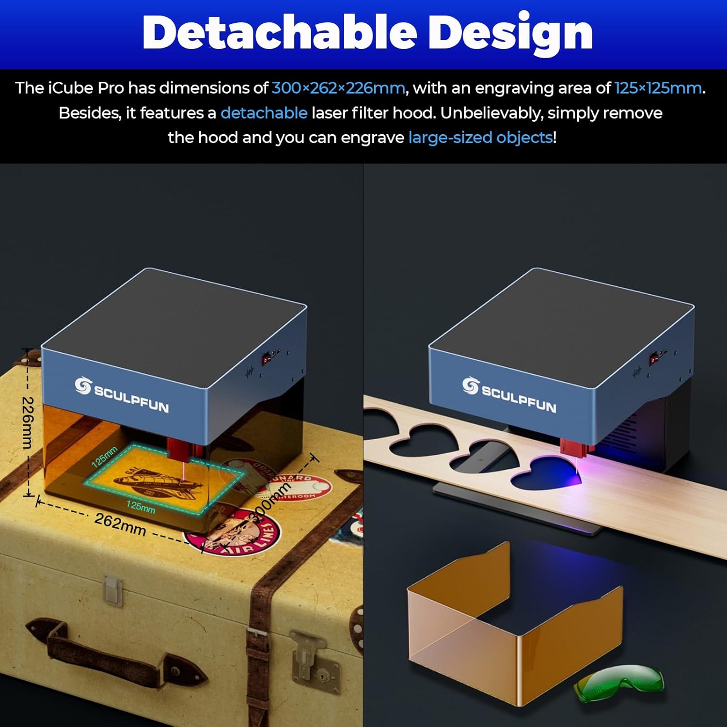 Image showing the compact dimensions of the SCULPFUN iCube Pro and its detachable design for larger objects.