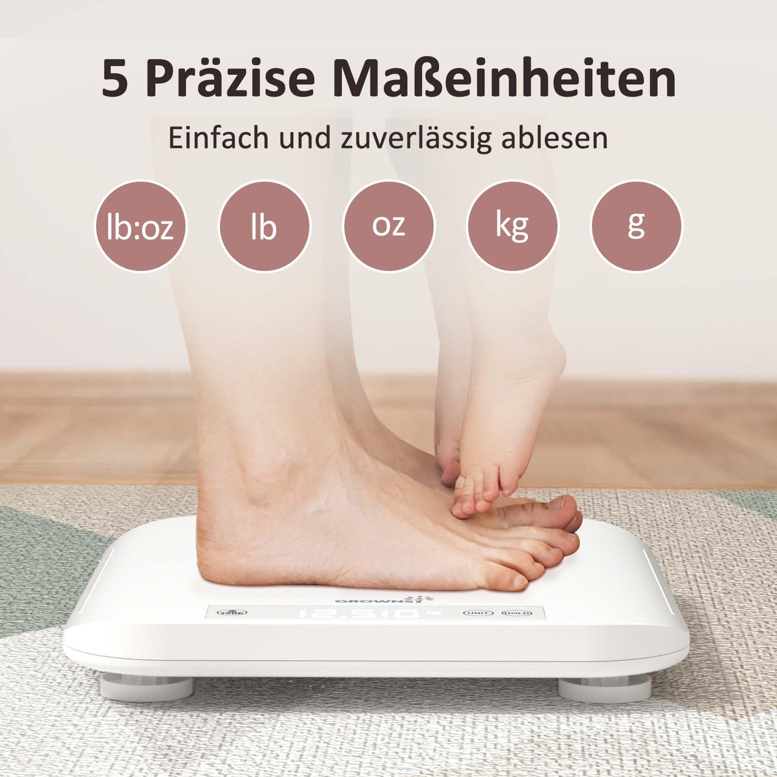 Grownsy Babywaage mit Abnehmbarem Tablett – Multifunktionale Waage für Babys, Neugeborene, Haustiere und Erwachsene bis 150 kg, mit Hold-Funktion, 70 cm Größenmessung, 5 Einheiten, LED-Anzeige