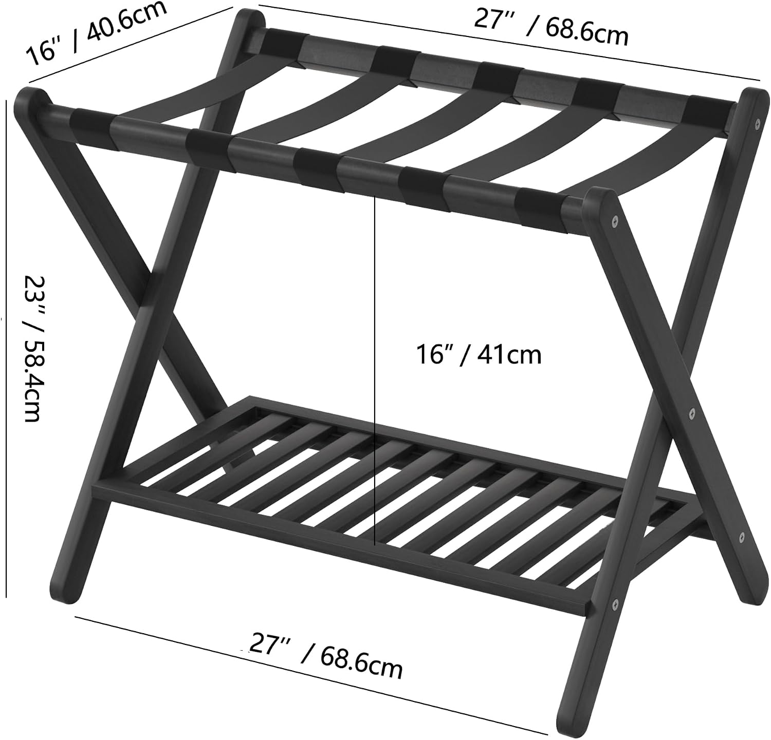 Luggage Racks Suitcase Stand Foldable With Storage Shelf For Guest Room Hotel Essentials Solid Bamboo Heavy-Duty Item Holder Black image 2