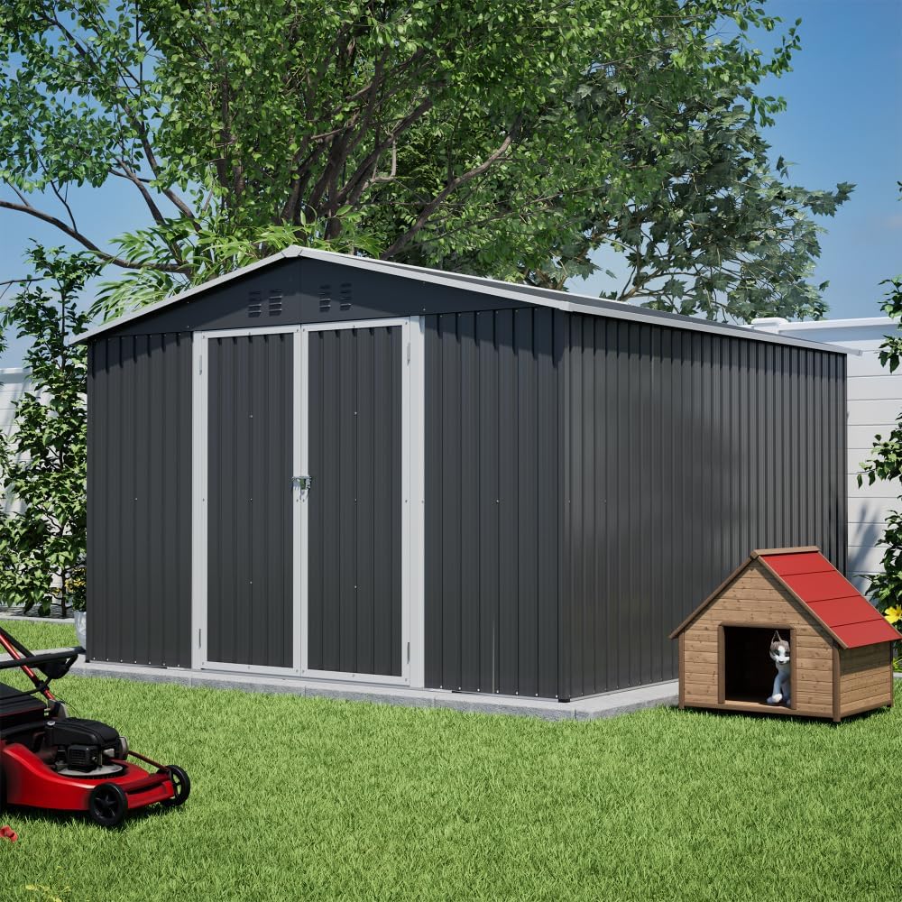 10x10 Ft Heavy-Duty All-Weather Metal Storage Shed with Lockable Doors, Outdoor Utility Garden Shed for Backyard Tools and Equipment, Black