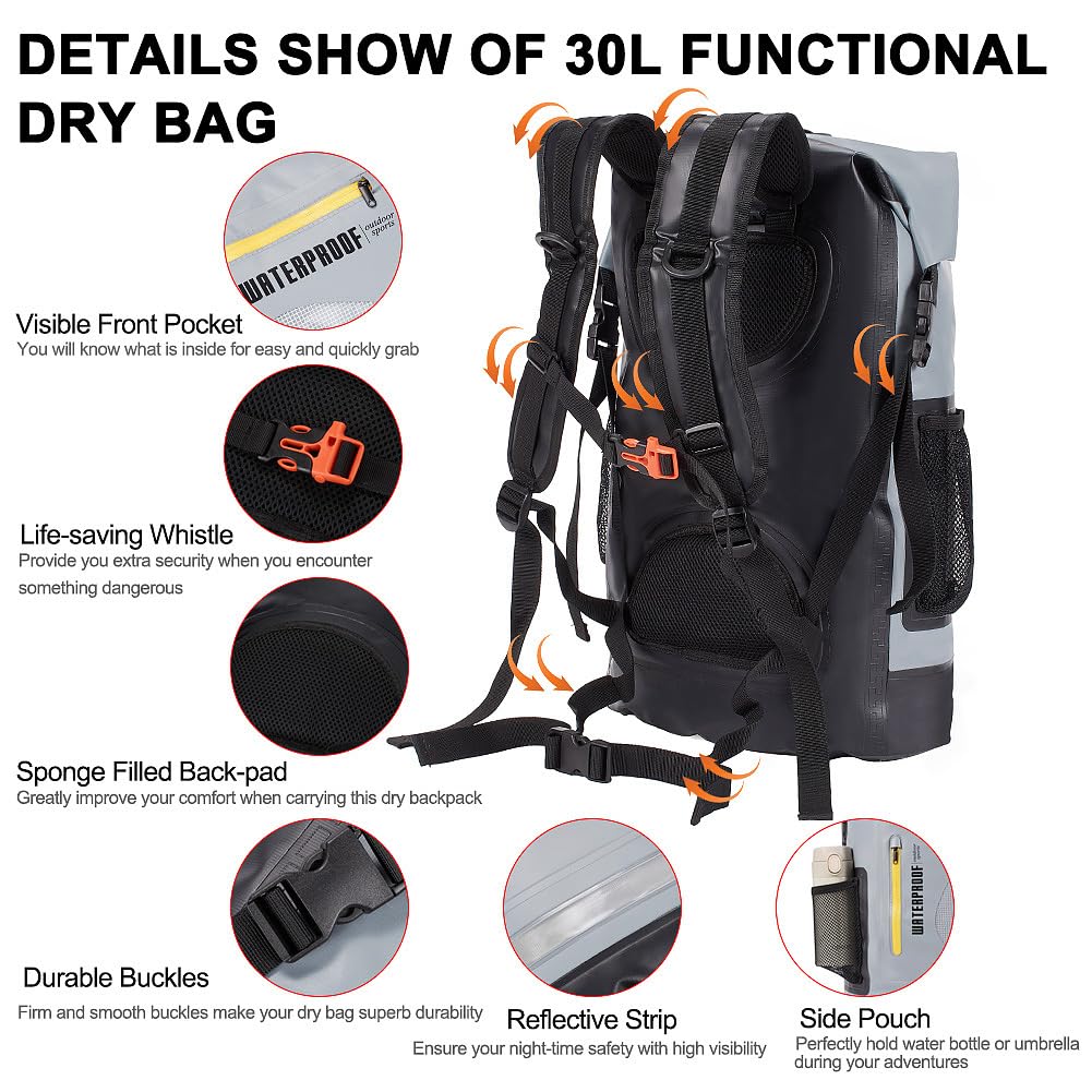 Sac à dos étanche de 30 L pour la natation, la pêche, le surf, le rafting, le bateau, le kayak, le canoë, livré avec un petit sac étanche de 2 L