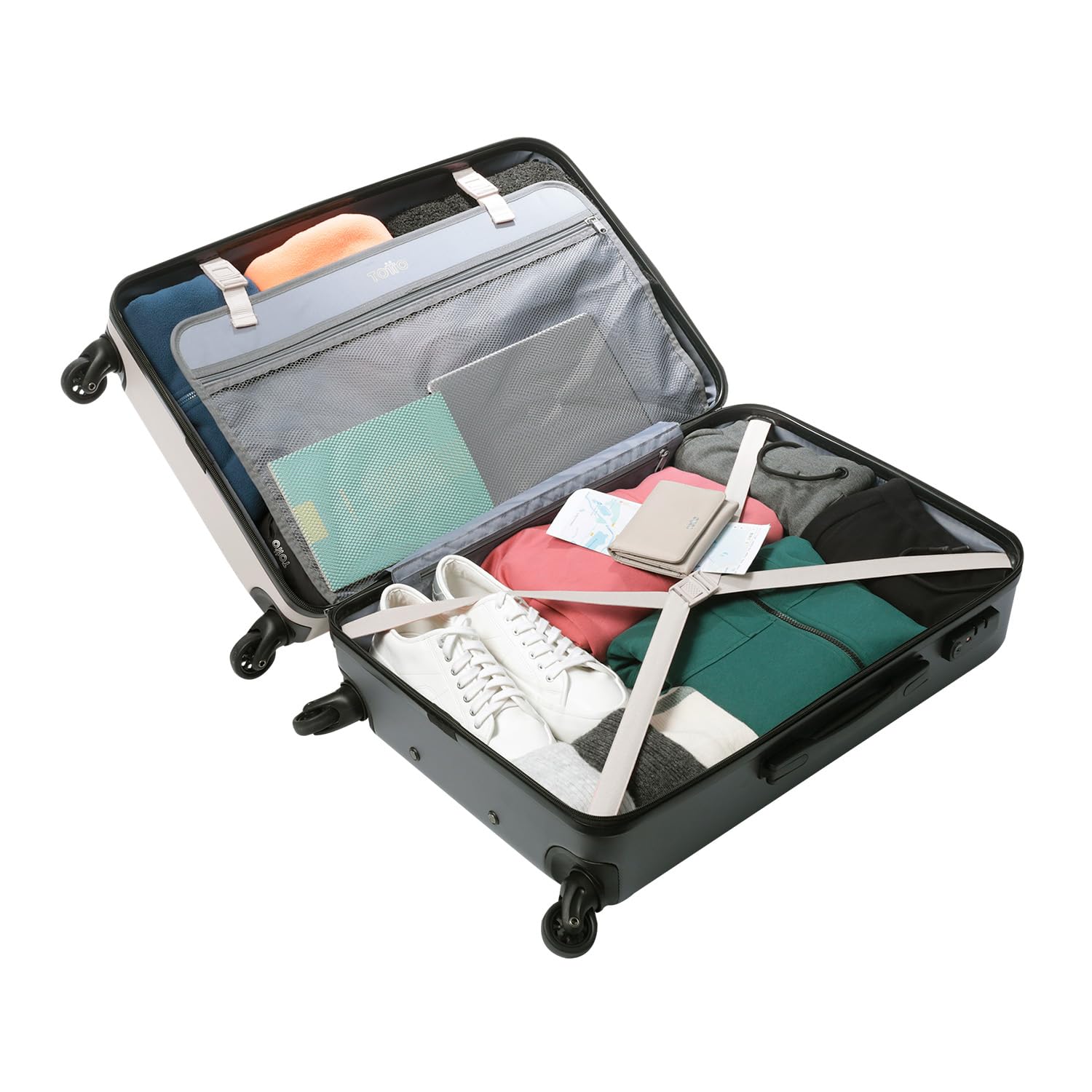TOTTO - Maleta Rígida Mediana, Modelo Bazy, 46 x 68 x 26 cm, Capacidad 63 L, Alta Resistencia a Impactos, Ruedas 360º, Manija Telescópica, Correas Compresión Internas, Candado TSA, Color White Sand