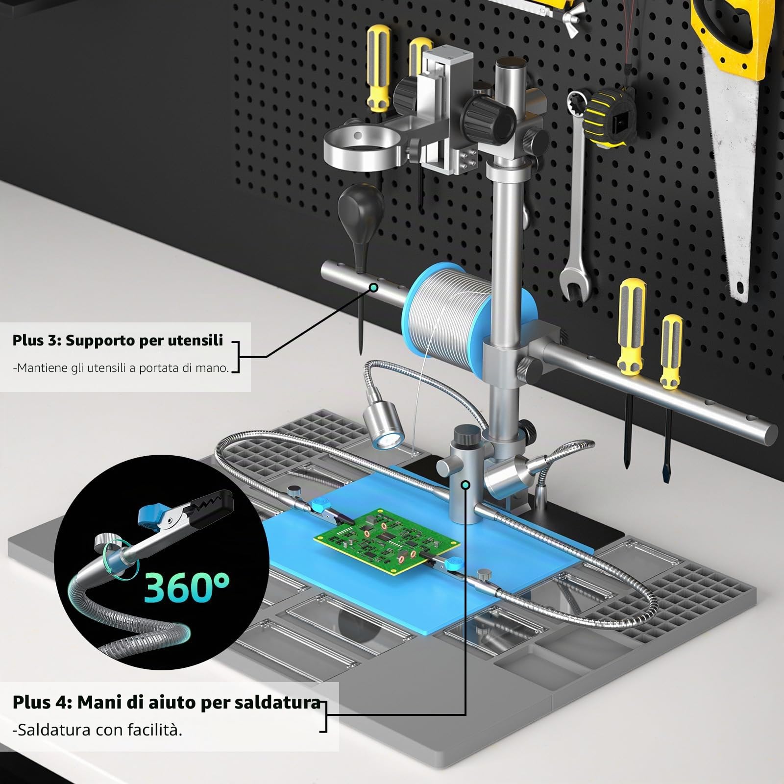 Andonstar AD246S-M Plus 7'' HDMI Microscopio Digitale per Riparazione Elettronica, 2000x 3 Lenti 2160P UHD Video Record, Stazione di Saldatura Con Mani Aiutanti, per Monete