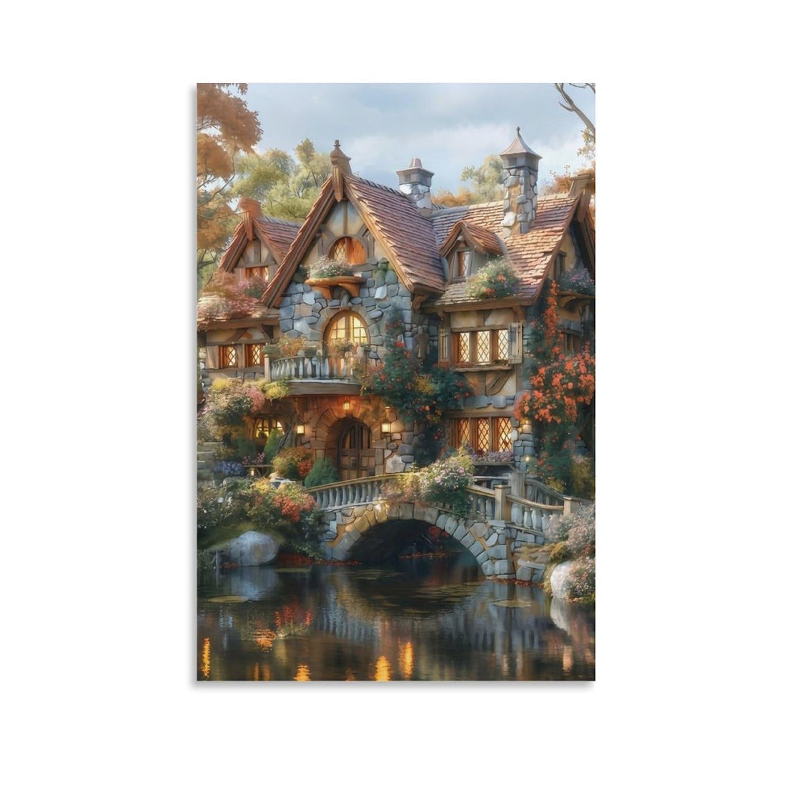 DHBANEIOK Fantasy Cottage House Poster Artwork Canvas Prints Picture Modern Canvas Wall Art Picture Wall Hanging for Living Room Home Decorations 24x36inch(60x90cm)