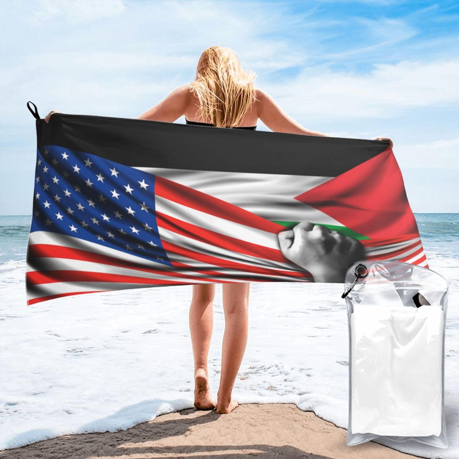 HACXZ Beach Towel America Flag and Palestine Palestinian Flag Microfiber Beach Towel Lightweight Absorbent 31.5"X63"