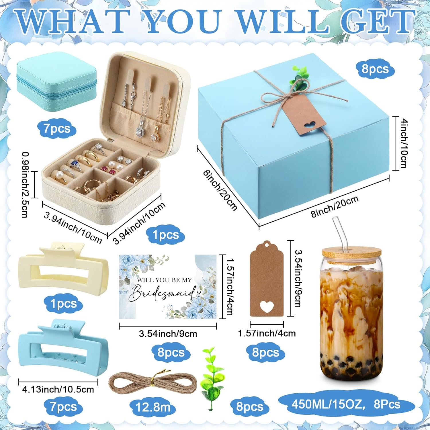 quelay 56 pcs 8 set bridesmaid proposal gift set, 15 oz glass cup, box, square clips, will you be my bridesmaid invitation card gift box for bridal shower bachelorette party(classic,blue) blue classic