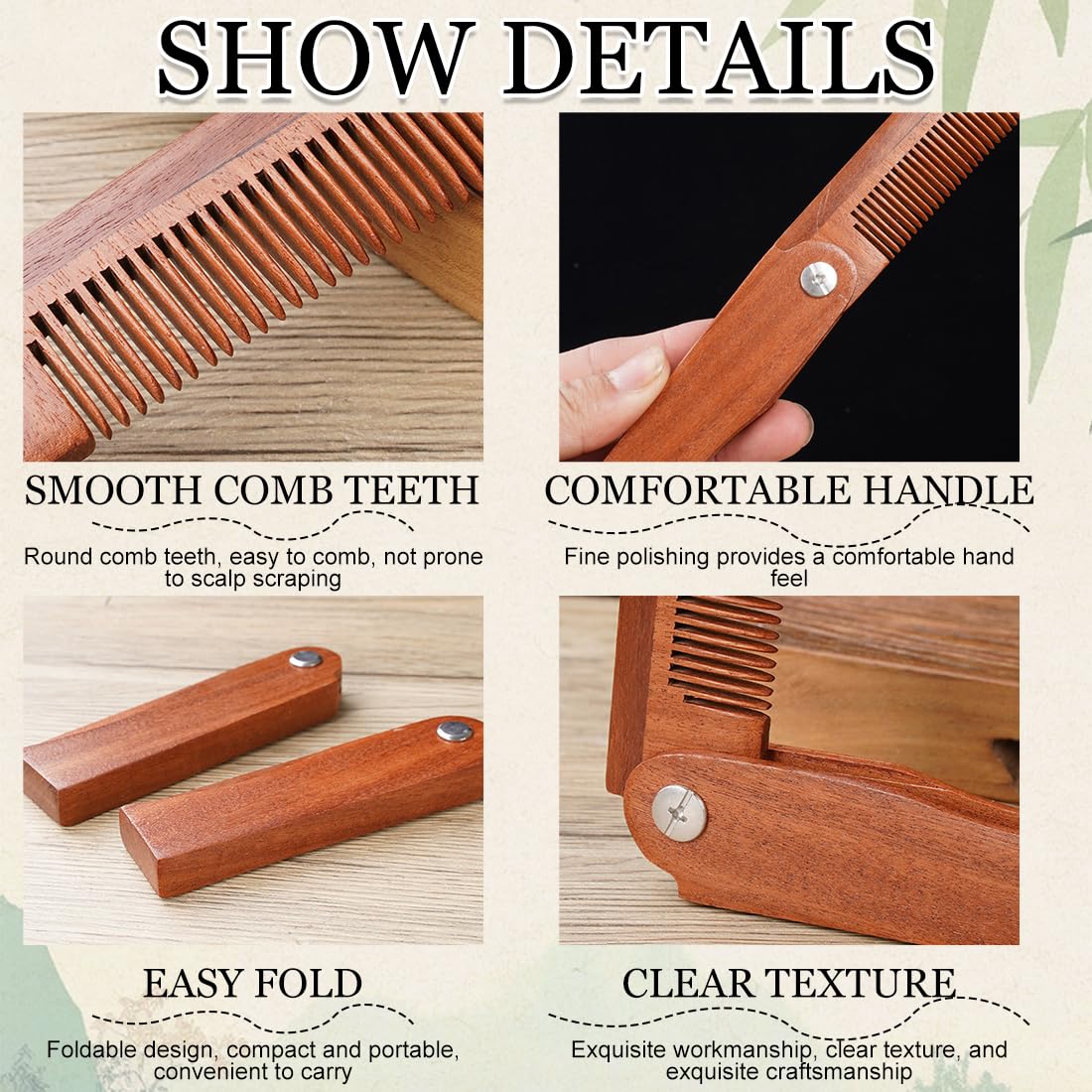Pettine di legno pieghevole, Pettine Barba Uomo Pieghevole, barba, baffi, spazzola per capelli testa pettini per uomini perfetti per tutti i tipi di capelli, Districante, Antistatico, per Viaggi