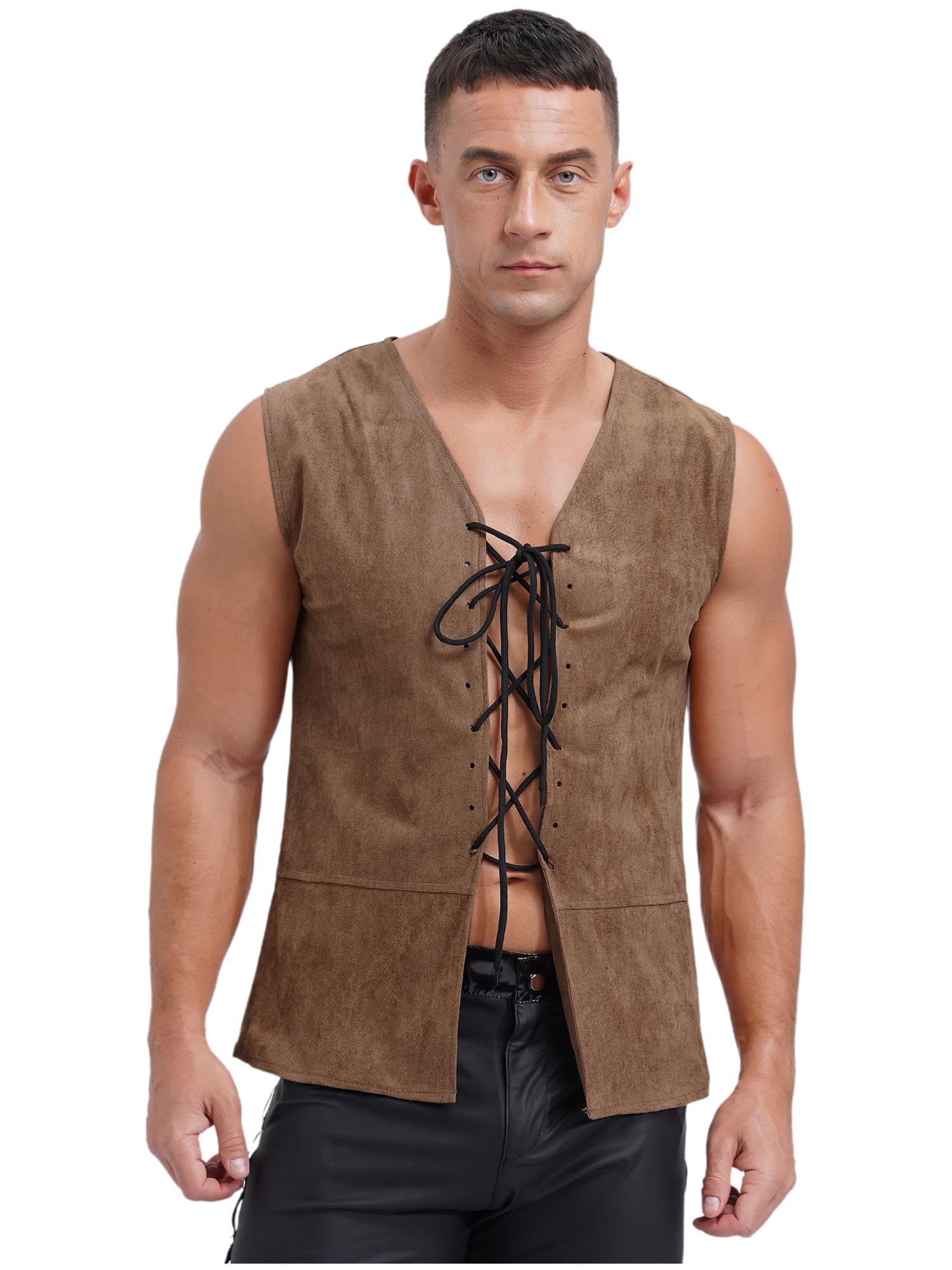 CHICTRY Men's Steampunk Vintage Medieval Vest Renaissance Lace-up Waistcoat Pirate Costume Top Coffee 3XL