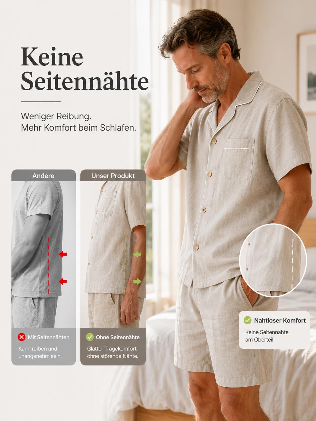 RAKUYUME Herren Leinen Pyjama Set, Sommer, Kurzarm