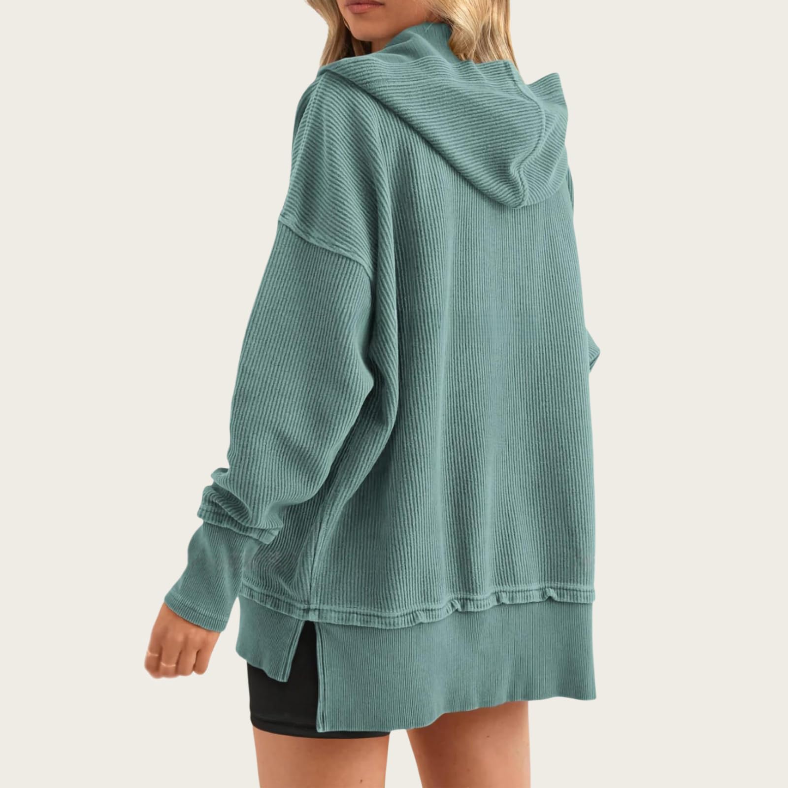 Generisch Damska bluza z kapturem oversize z dekoltem w serek i rozcięciami po bokach – luźny sweter / top na jesień i zimę