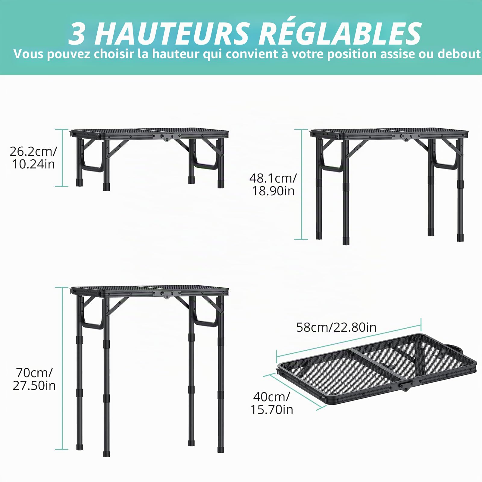 VINTEAM Table de Camping Pliante 3 Hauteur Réglable Grille 58 * 40cm | Charge 30kg, Résistant à la chaleur, Facile à Nettoyer, Cadre en Aluminium Solide pour BBQ, Pique-Nique, Jardin, en Plein air