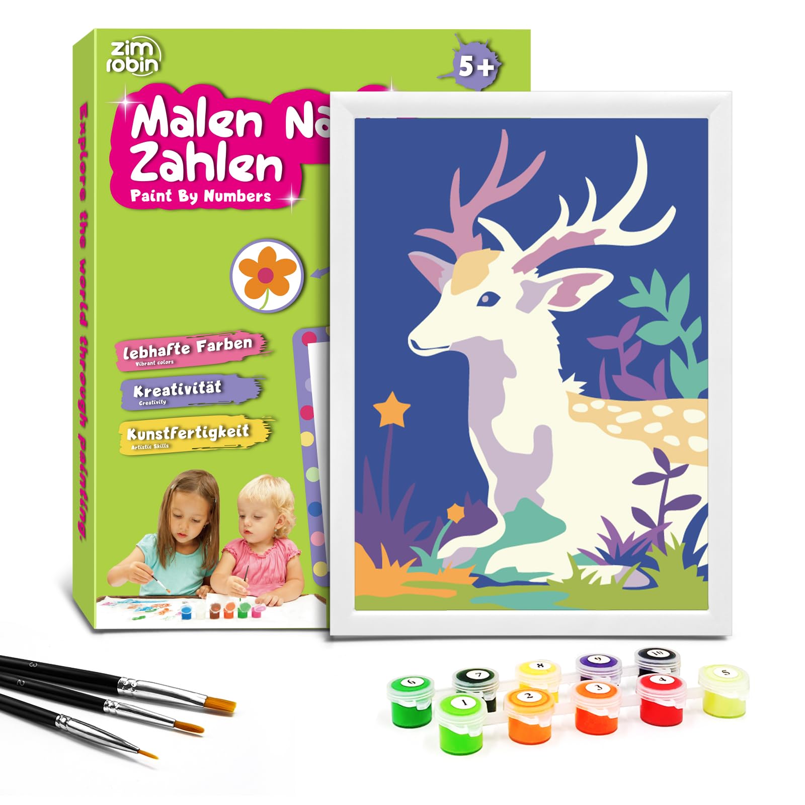 Zimrobin Peinture Numero Enfant 5 6 7 ans, au Numero d'art Peinture Enfant-Kit Peinture ​Enfant Comprend des Peintures Acryliques ​Cadre Photo et des 3 Pinceaux,18 x 24 cm (Château de nuit