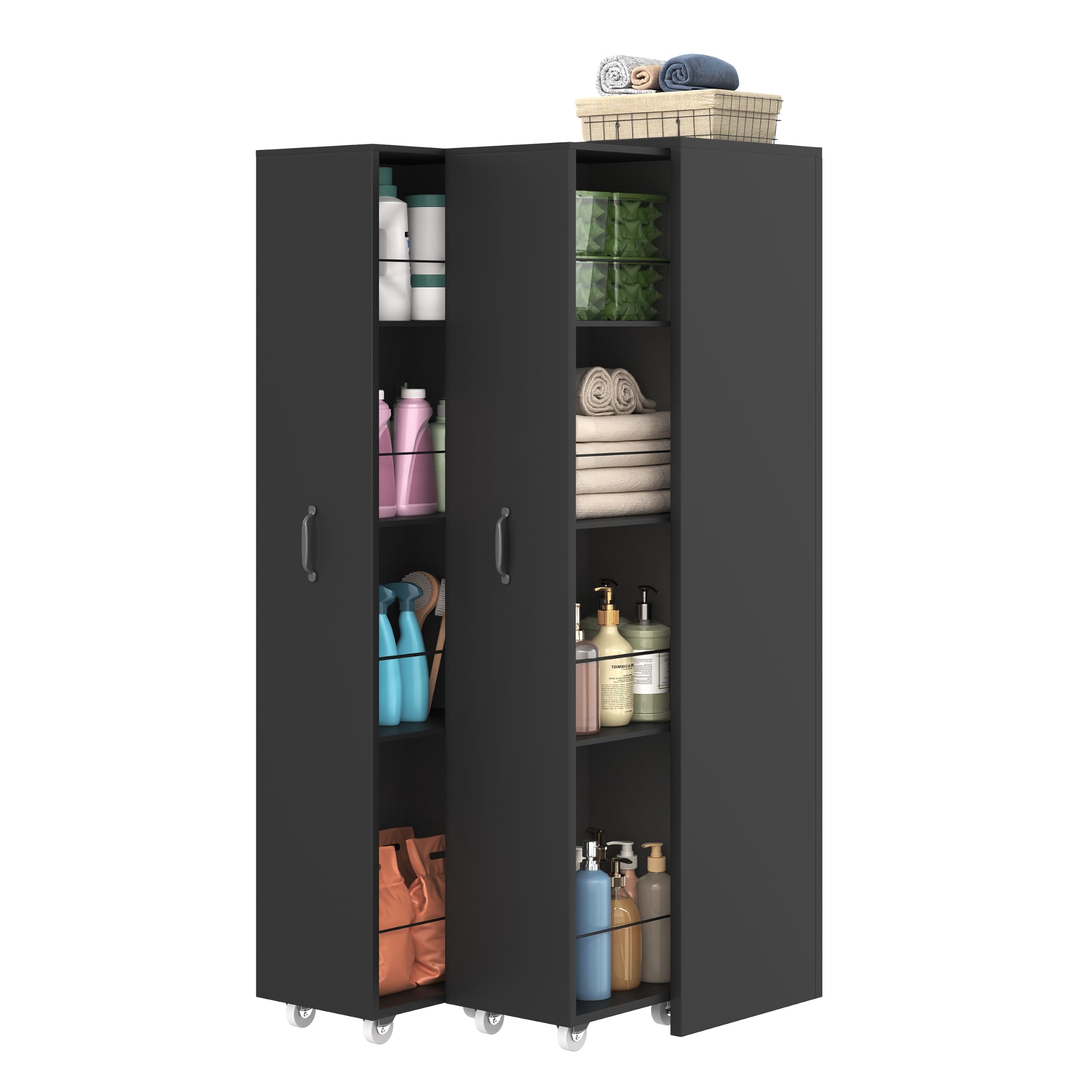 Azkoeesy Libreria a 4 Ripiano Estraibile con Ruote, 52x41x158 cm, Struttura Reversibile in MDF Resistente, Mobile Multifunzionale adatto per Bagno, Cucina e Soggiorno, Nero