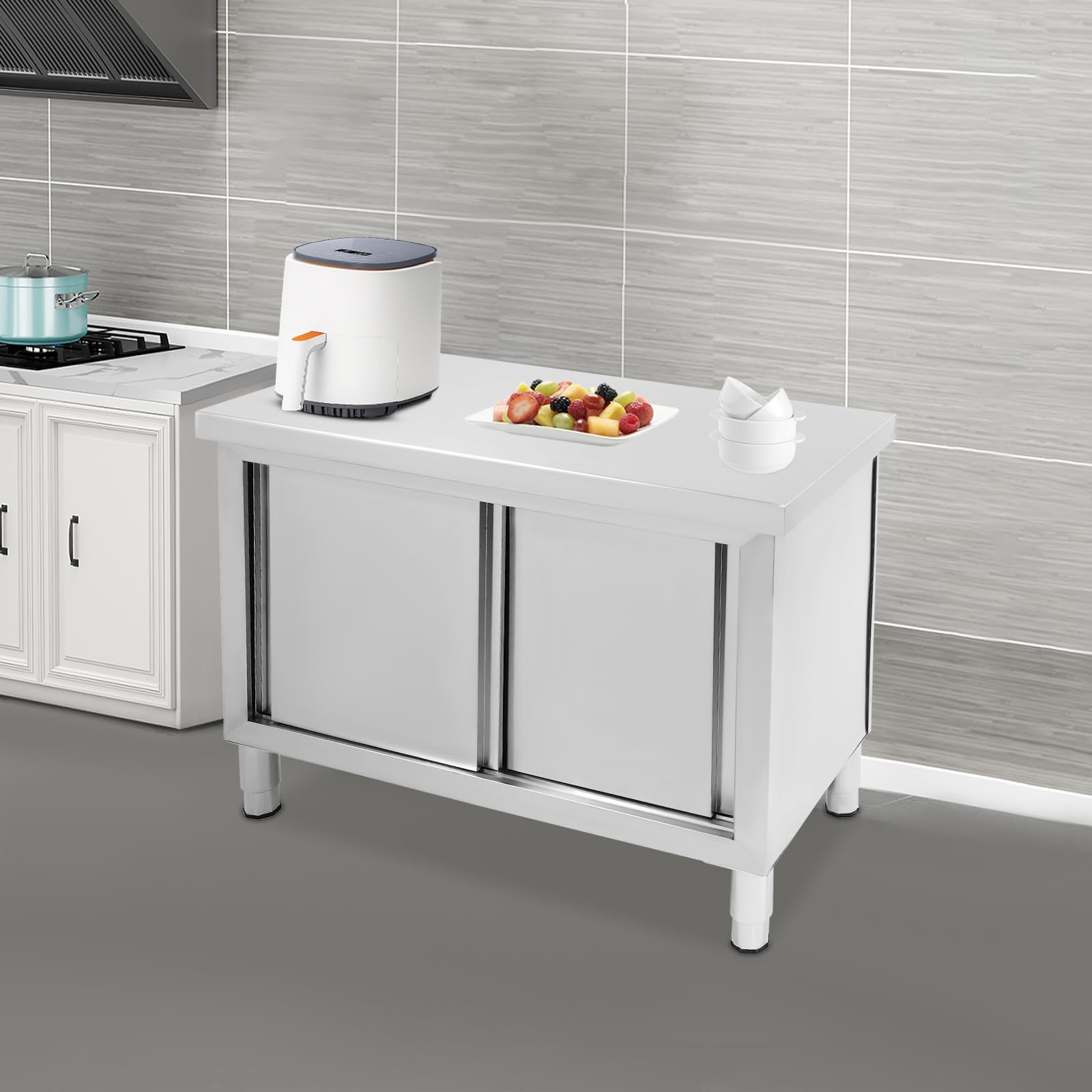 Mesa de trabajo de cocina, mesa de acero inoxidable para preparar con puertas correderas, armarios de trabajo de acero inoxidable para cocinas, garajes, jardines, bares, dos tamaños disponibles (100 x