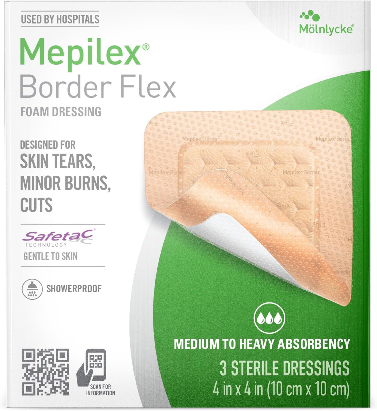 Border Flex 10 x 10 cm Hospital Dressings for Skin Tears, Light Burns and Cuts, Waterproof Adhesion for up to 7 Days of Use