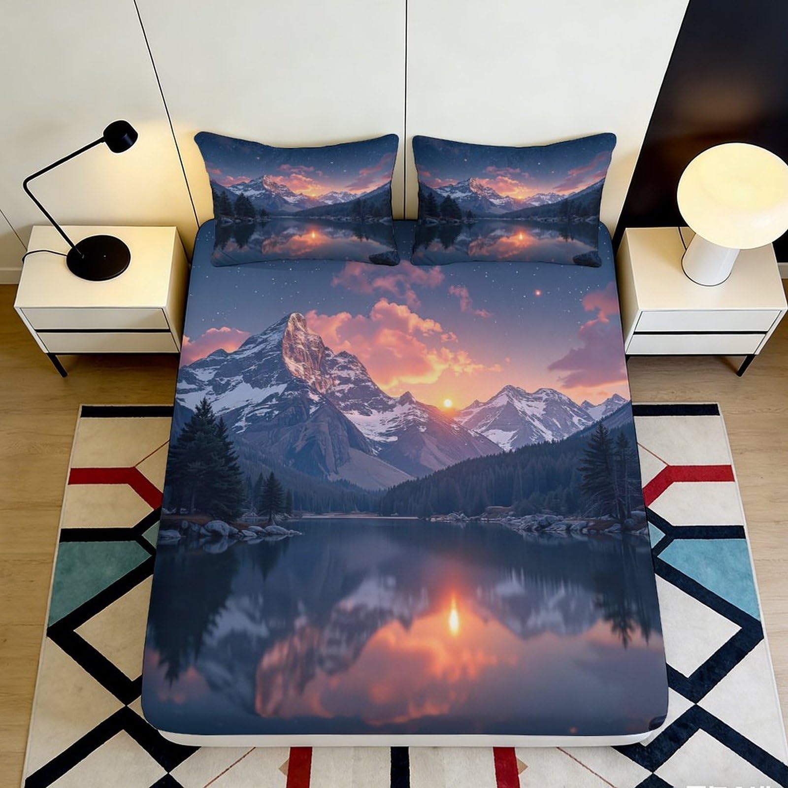 3D Printed Mountain Sunset Fitted Sheet Microfiber Anti-Slip Lake Reflection Mattress Cover for Bedroom Decor 90x200x25cm