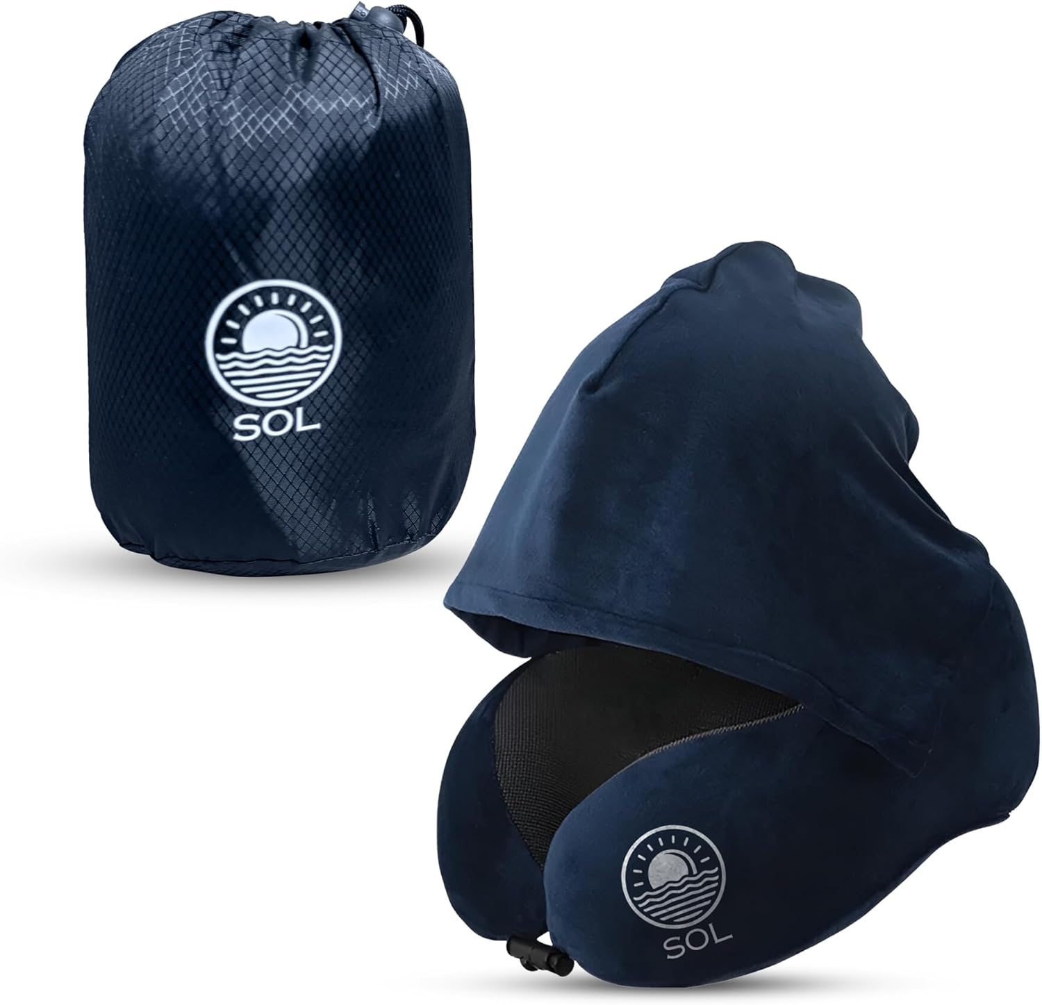 SOL Premium Travel Pillow for Airplane, Memory Foam Travel Pillow for Adults with hood, Adjustable and Compact Flight Pillow for Travel, Neck Support Cushion with Bag Holiday Essentials (Navy Blue) SOL Premium Travel Pillow for Airplane, Memory Foam Travel Pillow for Adults with hood, Adjustable and Compact Flight Pillow for Travel, Neck Support Cushion with Bag Holiday Essentials (Navy Blue)