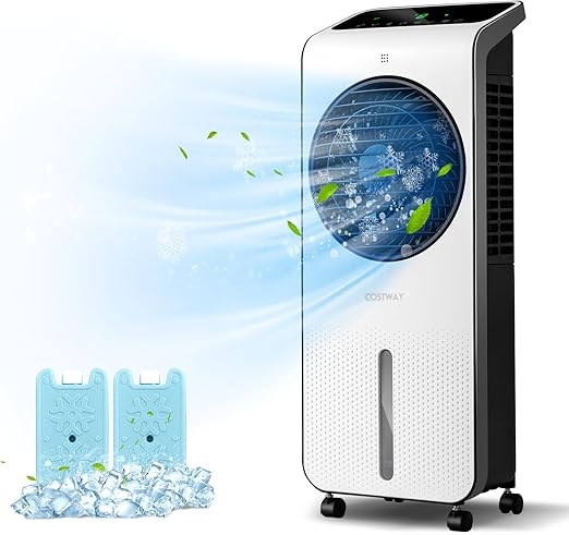 COSTWAY Portable Evaporative Air Cooler, 3-in-1 Swamp Cooler w/Remote Control, 360° Rotating Fan Blade, 3 Modes, 12H Timer, 2 Ice Packs, Air Cooling Fan with Fan & Humidifier for Room Home Office