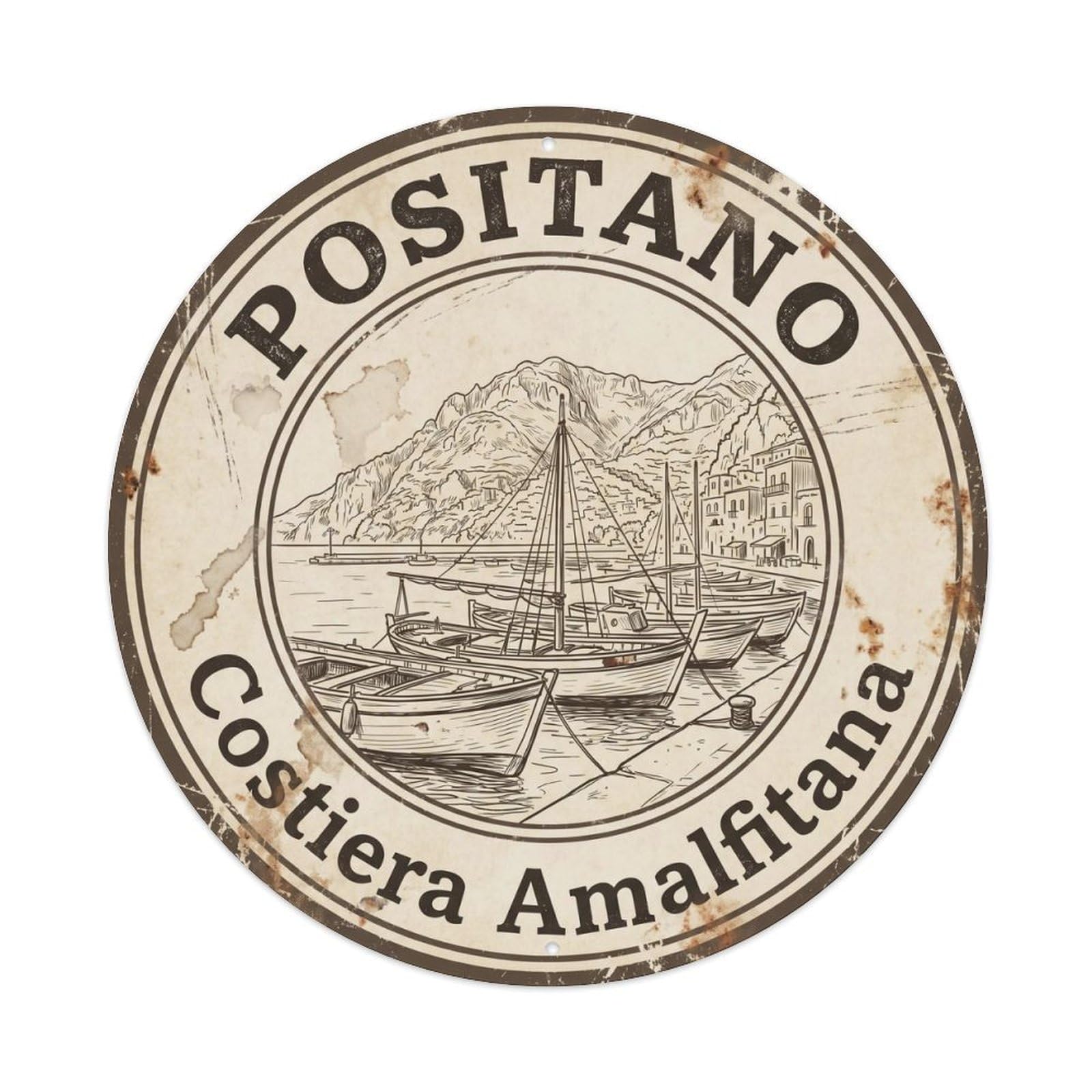 Vintage Travel Positano Italy Harbor Metal Tin Sign Plaque Wall Decor for Cafe, Club, Garden Round Metal Poster 8x8Inch